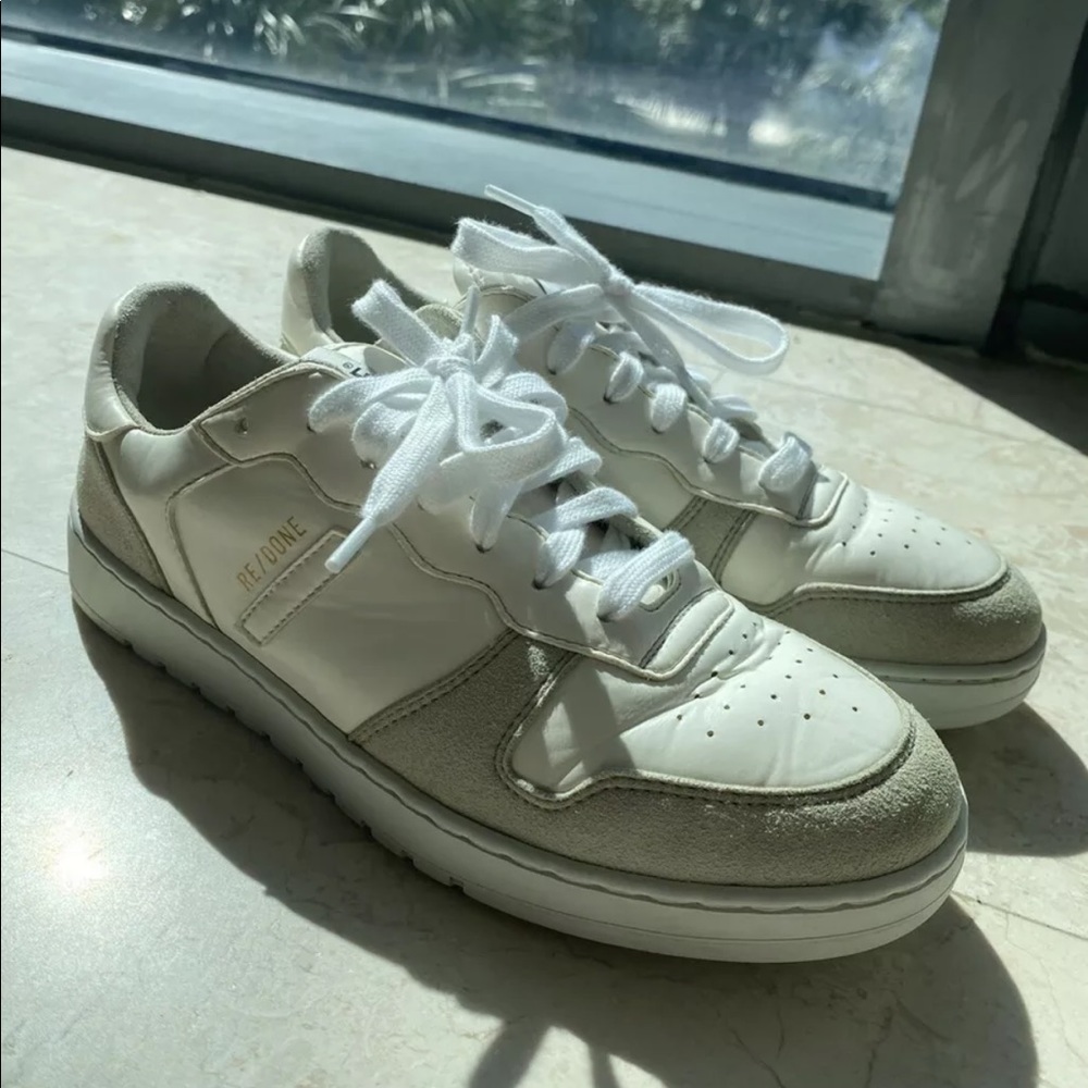 REDONE 80s Basketball Suede-trimmed White Leather Sneakers Size 8